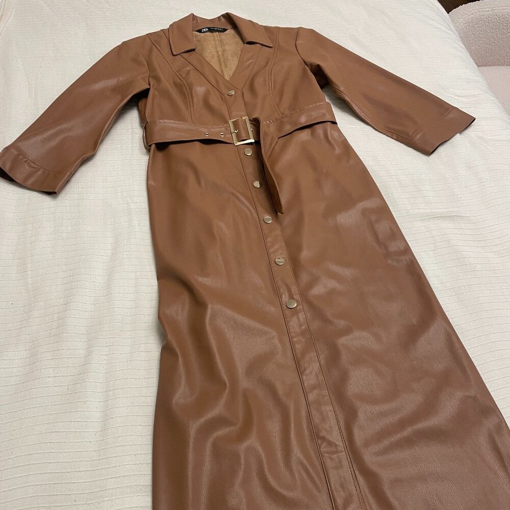 Zara Vegan Leather Belted Shirt Dress